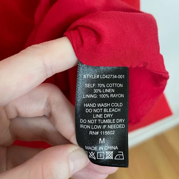 All In Favor Red Mini Dress M Womens Sleeveles V Neck Tie Detail Linen Ruffle - Picture 7 of 7